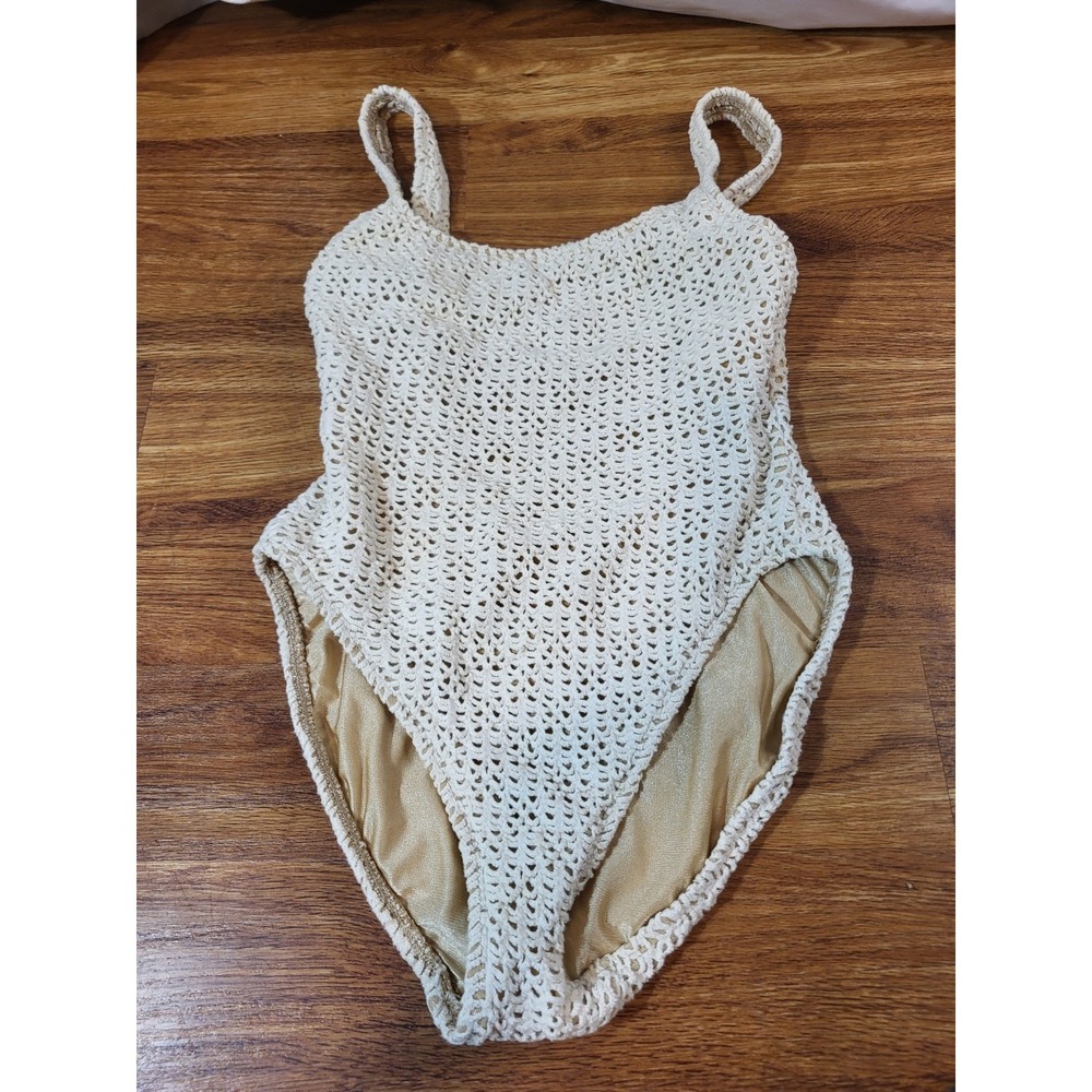 Vintage Baja Blue Size 10 Ivory Crochet Maxi 1 Piece Bathingsuit